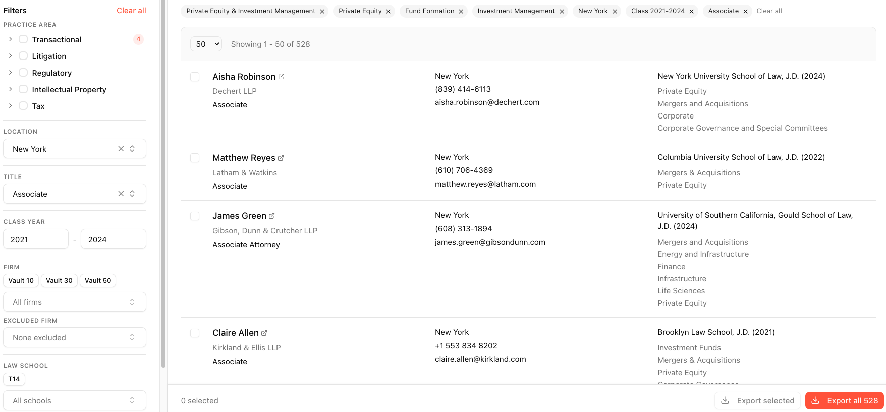 Counsel Contacts attorney search filtered by practice area, class year, and location, with attorney contact rows.
