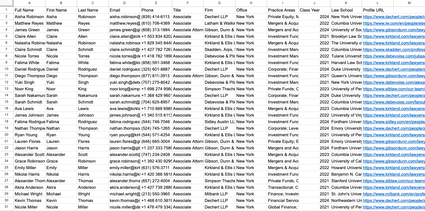 The exported CSV opened in a spreadsheet, with columns for name, email, phone, firm, office, practice areas, class year, and law school.