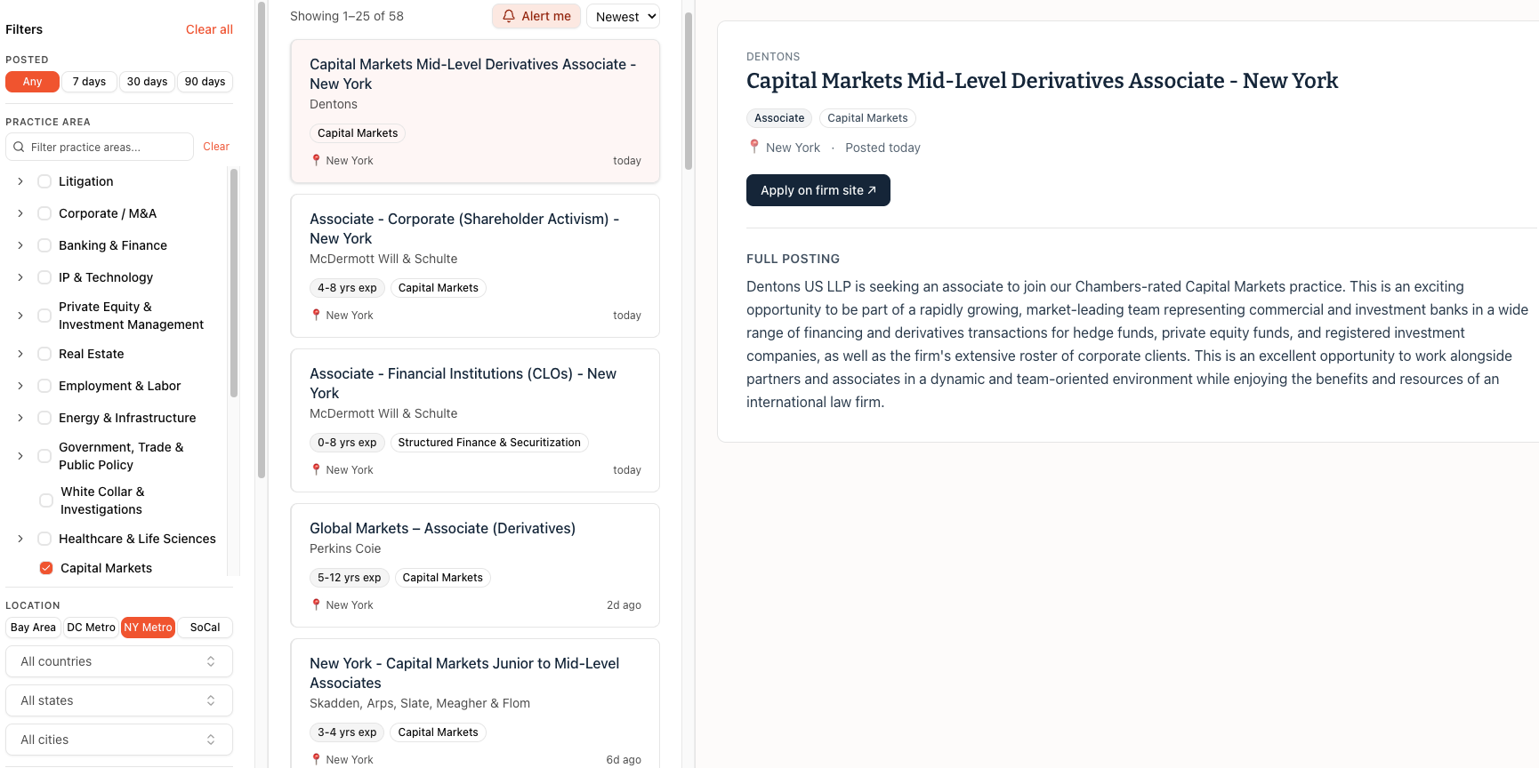 Counsel Contacts lateral openings feed filtered to Capital Markets associate roles in New York, with an Alert me button and a job posting detail panel open.